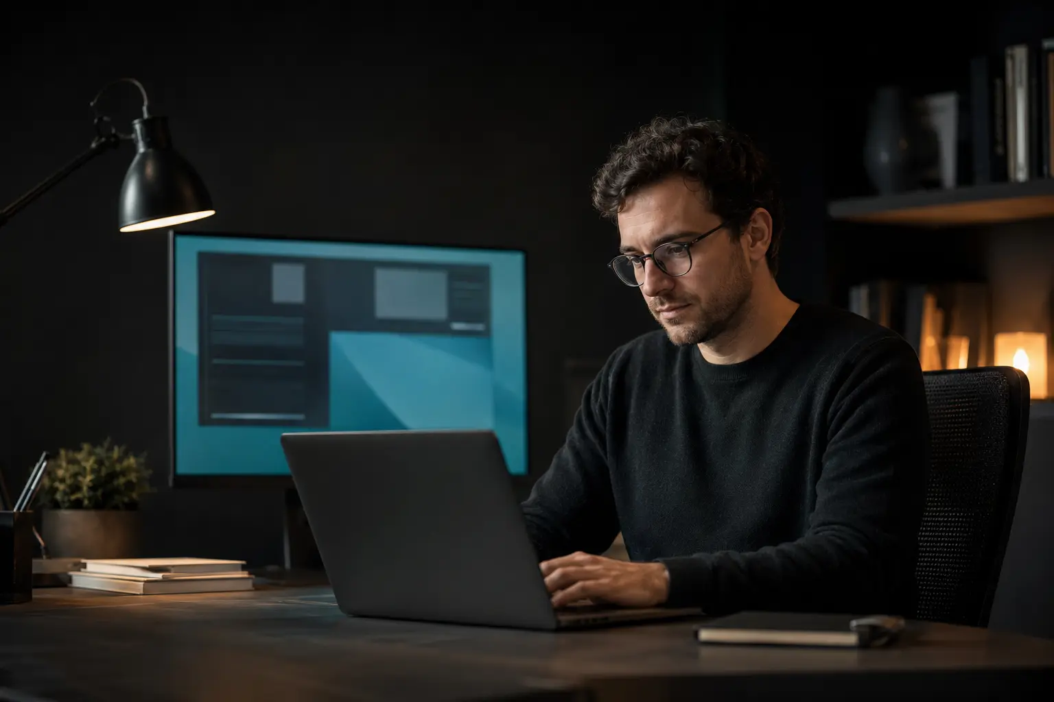 Independent product designer working in a dark studio